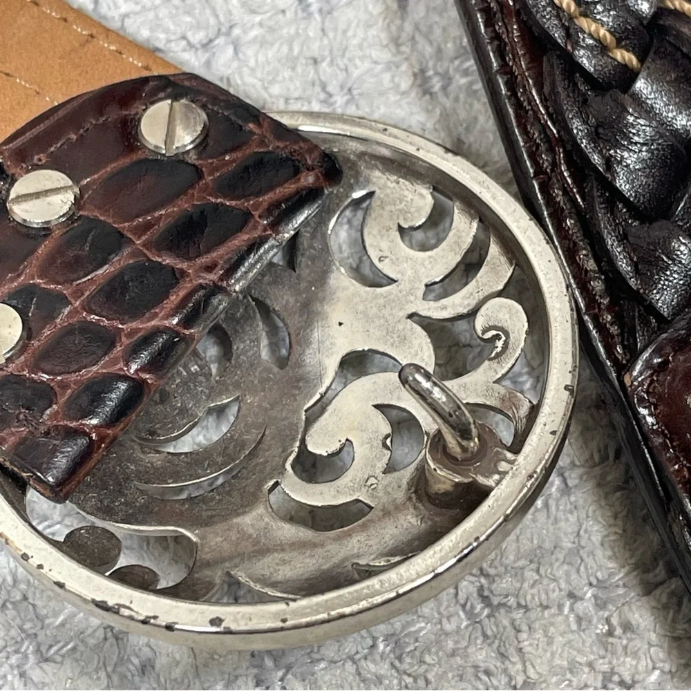 BRIGHTON Belt Brown Woven Croc Leather Concho Rhinestones Silvertone Size 36